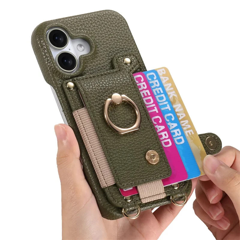 For iPhone 16 Case Card Holder Ring Kickstand Leather + PC Phone Cover with Shoulder Strap - Midnight Green