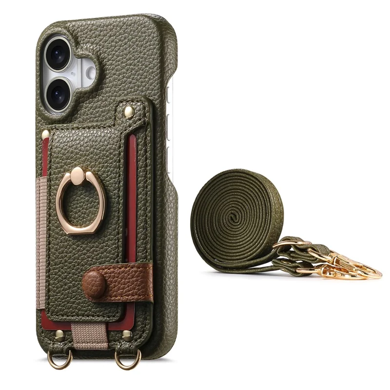 For iPhone 16 Case Card Holder Ring Kickstand Leather + PC Phone Cover with Shoulder Strap - Midnight Green