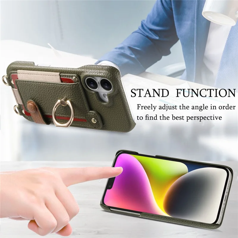 For iPhone 16 Case Card Holder Ring Kickstand Leather + PC Phone Cover with Shoulder Strap - Midnight Green