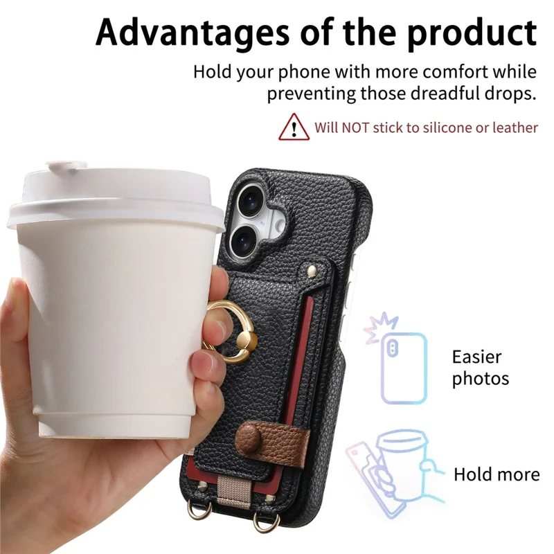 For iPhone 16 Case Card Holder Ring Kickstand Leather + PC Phone Cover with Shoulder Strap - Black