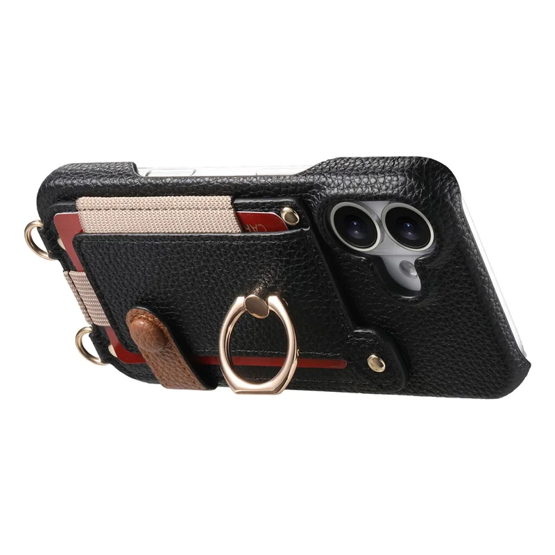 For iPhone 16 Case Card Holder Ring Kickstand Leather + PC Phone Cover with Shoulder Strap - Black