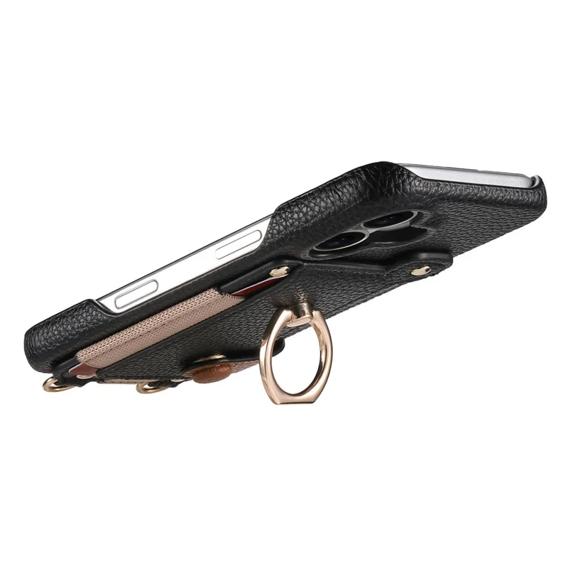 For iPhone 16 Case Card Holder Ring Kickstand Leather + PC Phone Cover with Shoulder Strap - Black