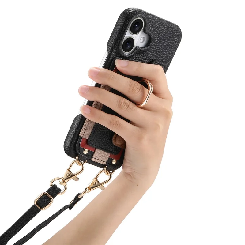 For iPhone 16 Case Card Holder Ring Kickstand Leather + PC Phone Cover with Shoulder Strap - Black