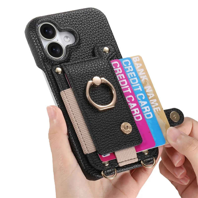 For iPhone 16 Case Card Holder Ring Kickstand Leather + PC Phone Cover with Shoulder Strap - Black