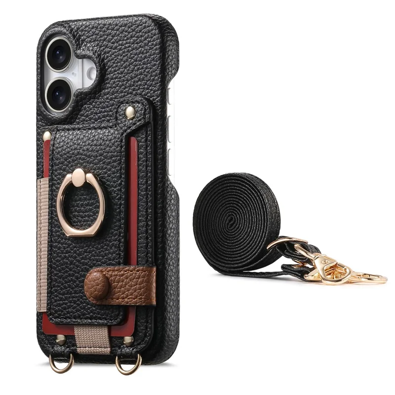 For iPhone 16 Case Card Holder Ring Kickstand Leather + PC Phone Cover with Shoulder Strap - Black