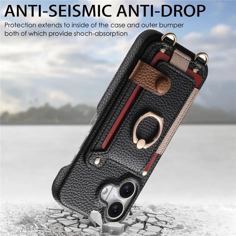 For iPhone 16 Case Card Holder Ring Kickstand Leather + PC Phone Cover with Shoulder Strap - Black