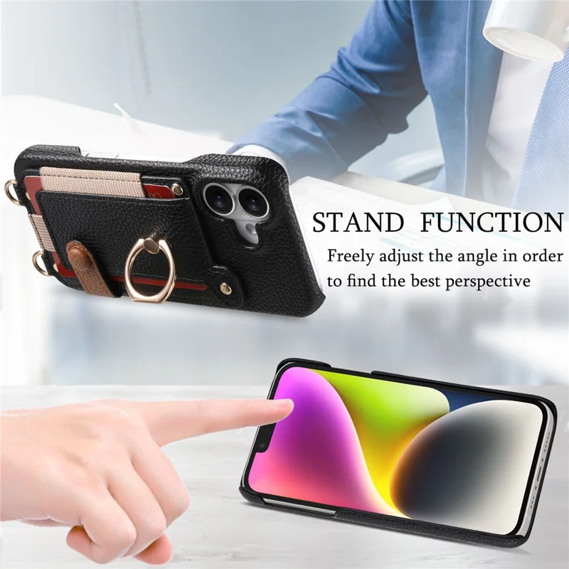 For iPhone 16 Case Card Holder Ring Kickstand Leather + PC Phone Cover with Shoulder Strap - Black