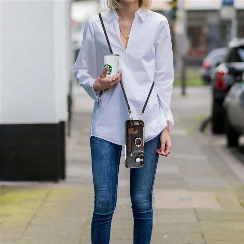 For iPhone 16 Case Card Holder Ring Kickstand Leather + PC Phone Cover with Shoulder Strap - Black