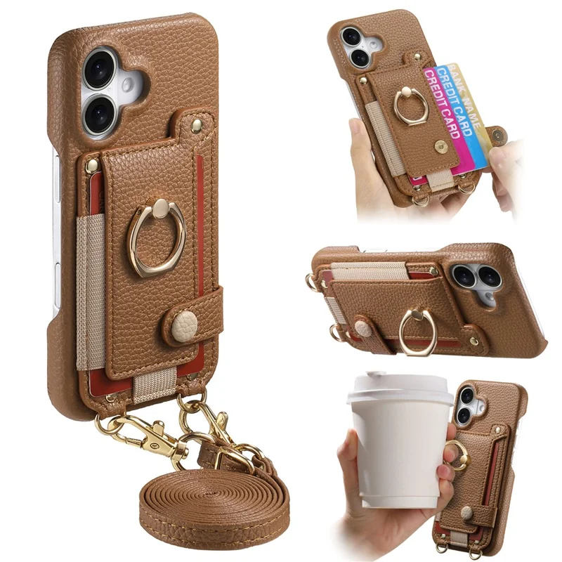 For iPhone 16 Case Card Holder Ring Kickstand Leather + PC Phone Cover with Shoulder Strap - Brown