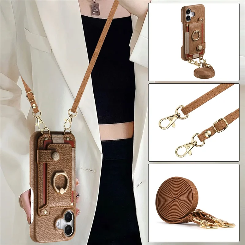 For iPhone 16 Case Card Holder Ring Kickstand Leather + PC Phone Cover with Shoulder Strap - Brown