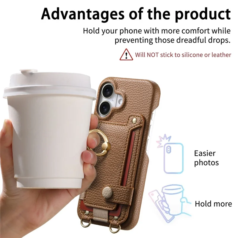 For iPhone 16 Case Card Holder Ring Kickstand Leather + PC Phone Cover with Shoulder Strap - Brown