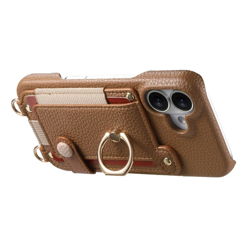 For iPhone 16 Case Card Holder Ring Kickstand Leather + PC Phone Cover with Shoulder Strap - Brown