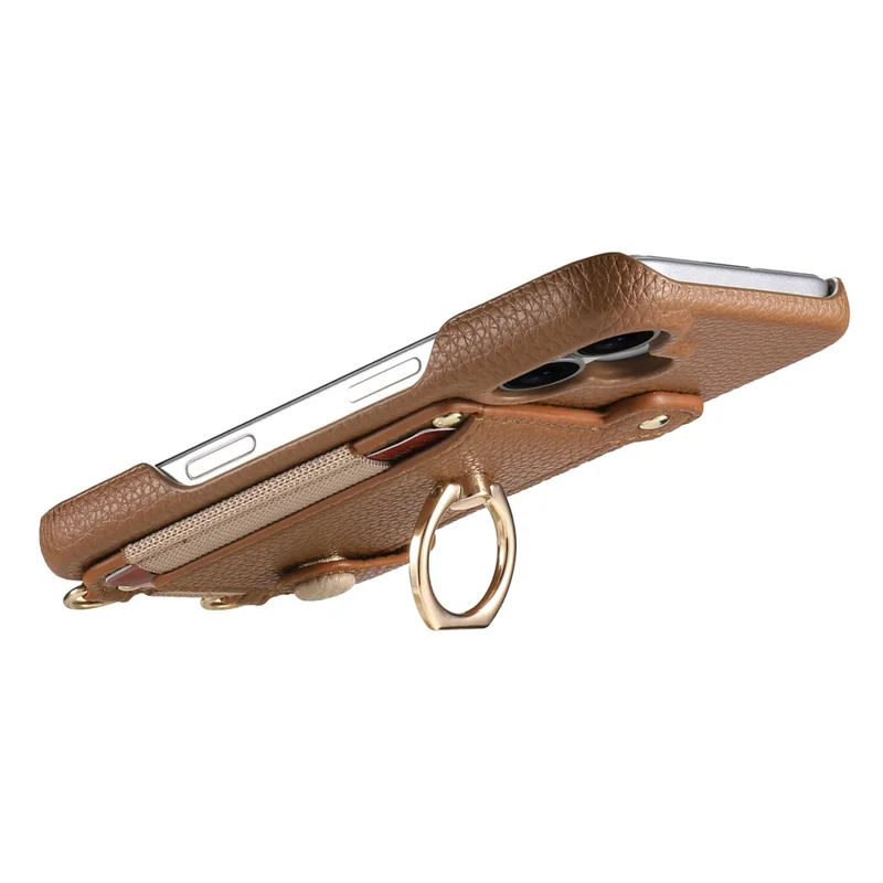 For iPhone 16 Case Card Holder Ring Kickstand Leather + PC Phone Cover with Shoulder Strap - Brown