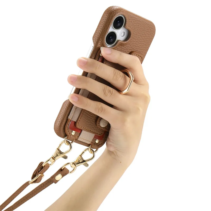 For iPhone 16 Case Card Holder Ring Kickstand Leather + PC Phone Cover with Shoulder Strap - Brown