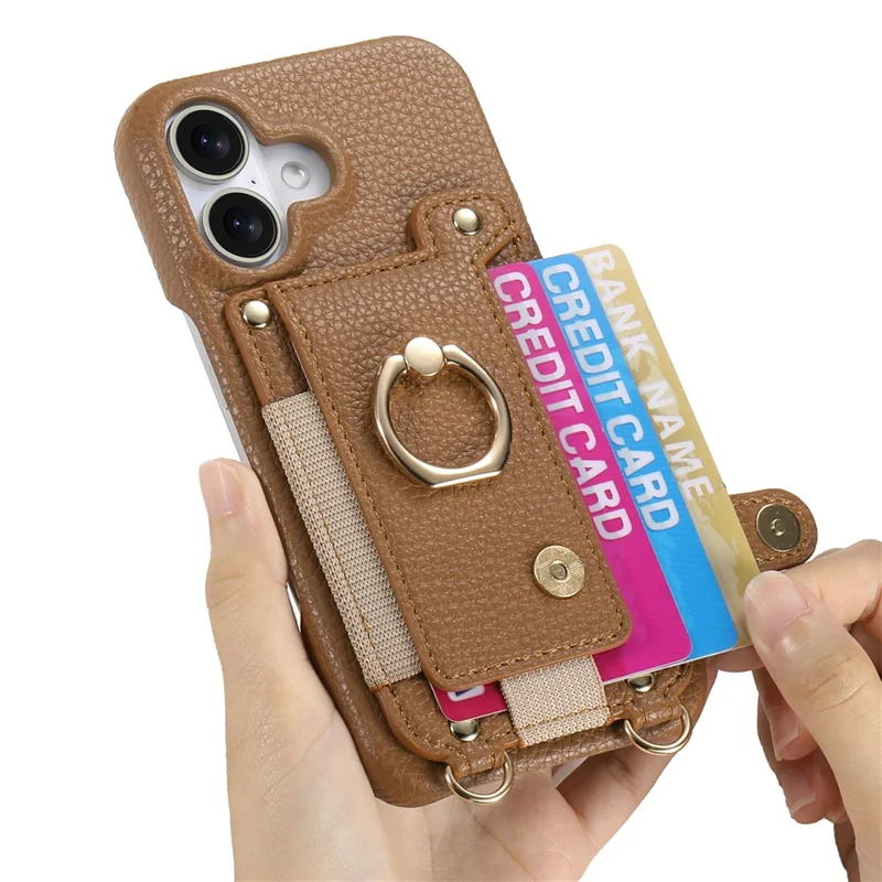 For iPhone 16 Case Card Holder Ring Kickstand Leather + PC Phone Cover with Shoulder Strap - Brown