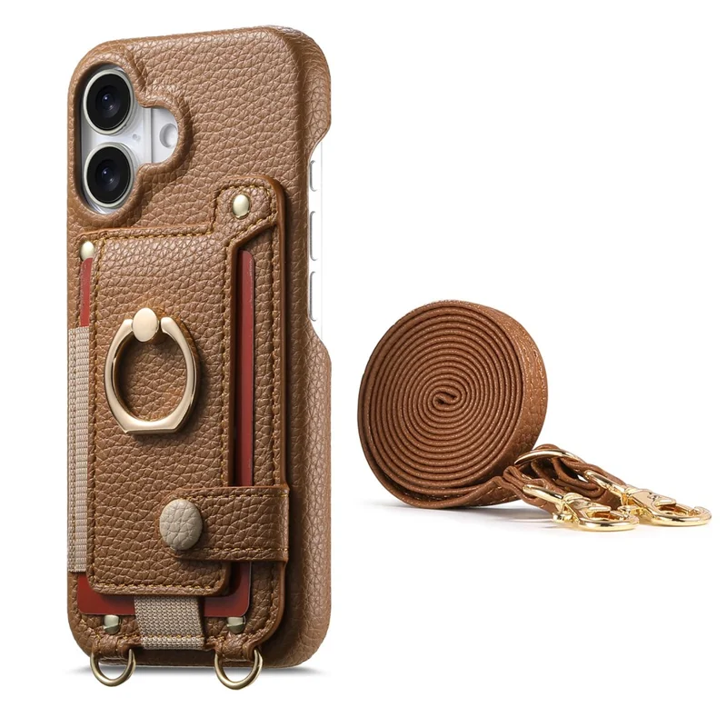 For iPhone 16 Case Card Holder Ring Kickstand Leather + PC Phone Cover with Shoulder Strap - Brown
