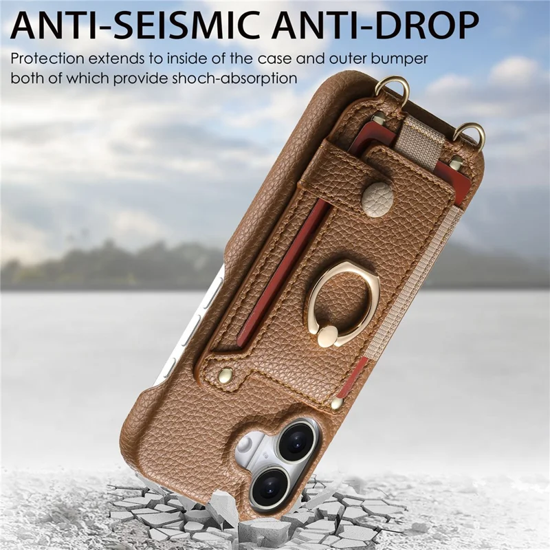For iPhone 16 Case Card Holder Ring Kickstand Leather + PC Phone Cover with Shoulder Strap - Brown