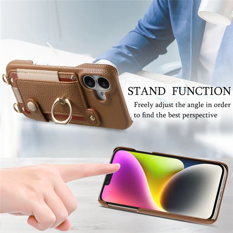 For iPhone 16 Case Card Holder Ring Kickstand Leather + PC Phone Cover with Shoulder Strap - Brown
