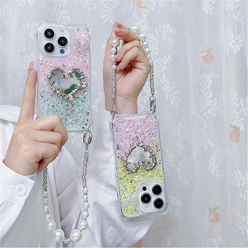 For iPhone 15 Pro Case with Strap, Mirror Epoxy Glitter TPU + Acrylic Phone Back Cover - Pink  /  Green