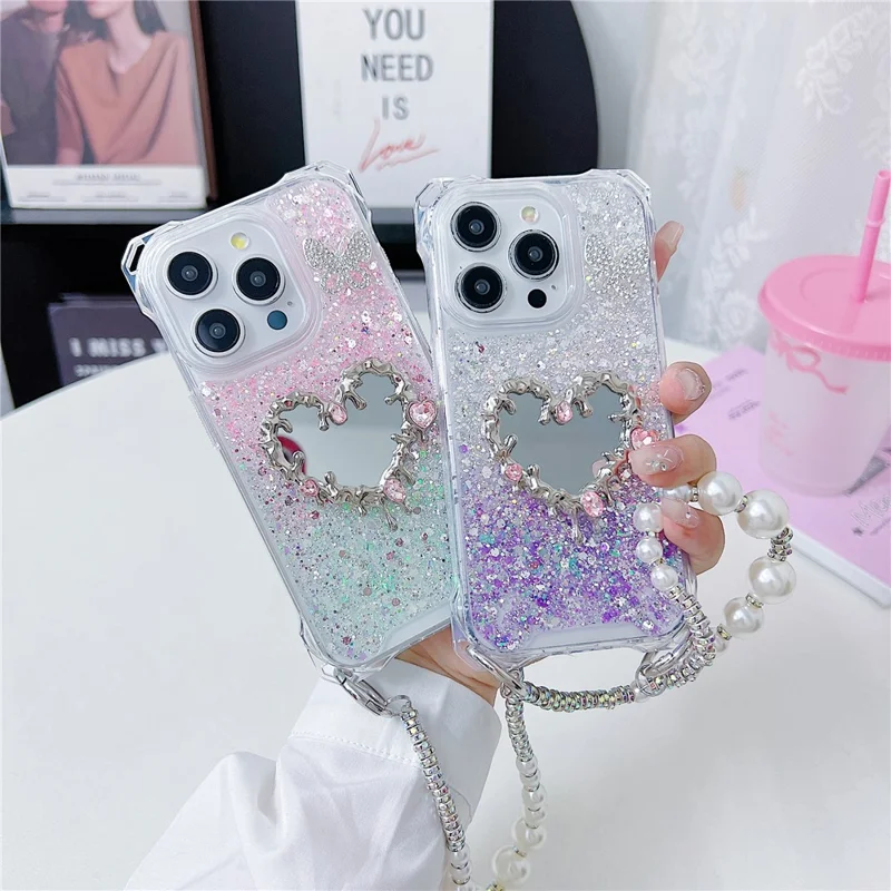 For iPhone 15 Pro Case with Strap, Mirror Epoxy Glitter TPU + Acrylic Phone Back Cover - Pink  /  Green