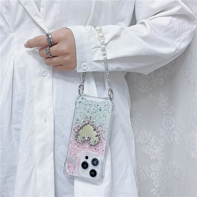 For iPhone 15 Pro Max Case with Strap, Mirror Epoxy Glitter TPU + Acrylic Phone Back Cover - Pink / Yellow
