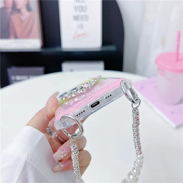 For iPhone 15 Pro Max Case with Strap, Mirror Epoxy Glitter TPU + Acrylic Phone Back Cover - Pink / Yellow