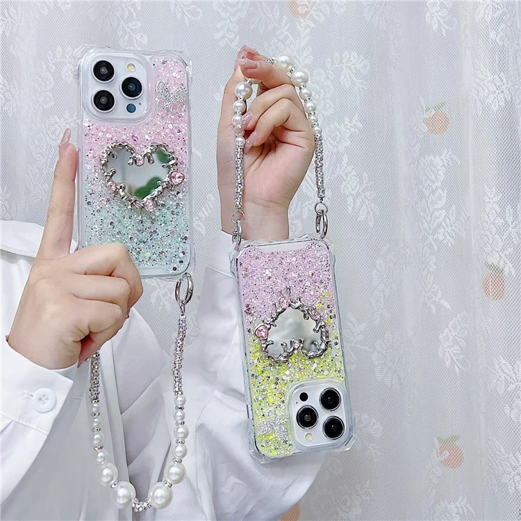 For iPhone 15 Pro Max Case with Strap, Mirror Epoxy Glitter TPU + Acrylic Phone Back Cover - Pink / Yellow