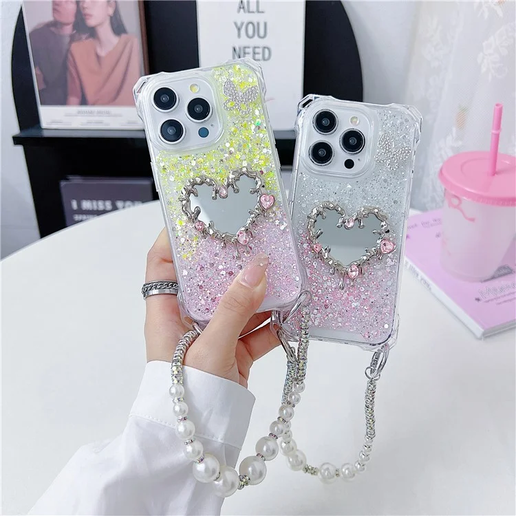 For iPhone 15 Pro Max Case with Strap, Mirror Epoxy Glitter TPU + Acrylic Phone Back Cover - Pink / Yellow