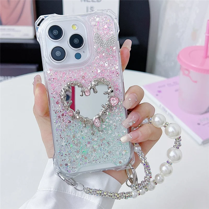 For iPhone 16 Pro Case with Strap, Mirror Epoxy Glitter TPU + Acrylic Phone Back Cover - Pink / Green