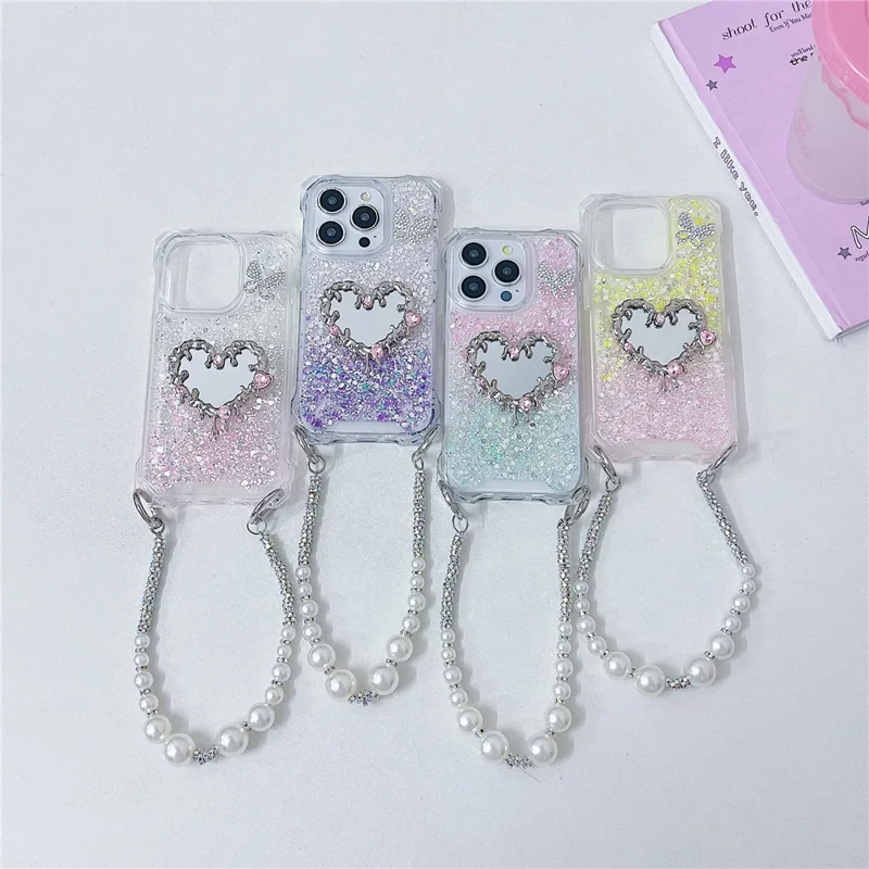 For iPhone 16 Pro Case with Strap, Mirror Epoxy Glitter TPU + Acrylic Phone Back Cover - Pink / Green