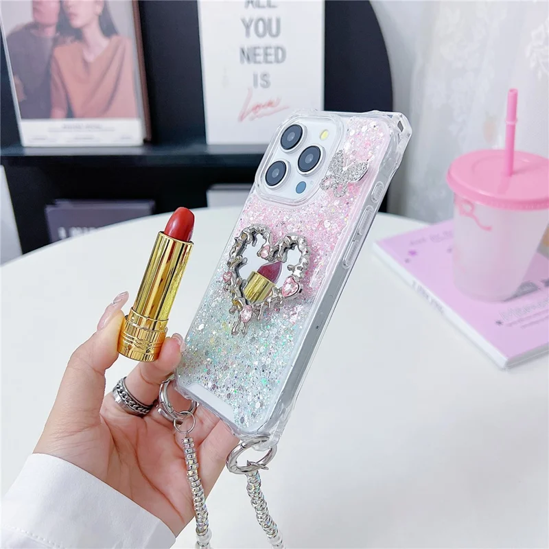 For iPhone 16 Pro Case with Strap, Mirror Epoxy Glitter TPU + Acrylic Phone Back Cover - Pink / Green