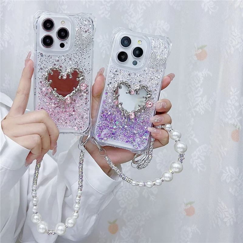 For iPhone 16 Pro Case with Strap, Mirror Epoxy Glitter TPU + Acrylic Phone Back Cover - Pink / Green
