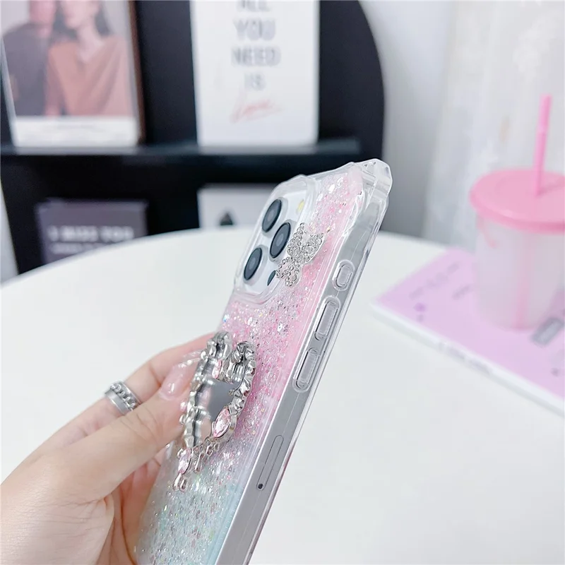 For iPhone 16 Pro Case with Strap, Mirror Epoxy Glitter TPU + Acrylic Phone Back Cover - Pink / Green