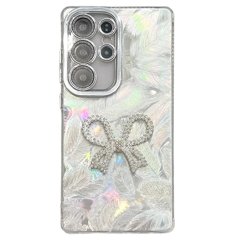 For Samsung Galaxy S25 Ultra Case Big Bow Decor IMD PC + TPU Phone Cover with Glass Lens Film - Feather Pattern / Silver
