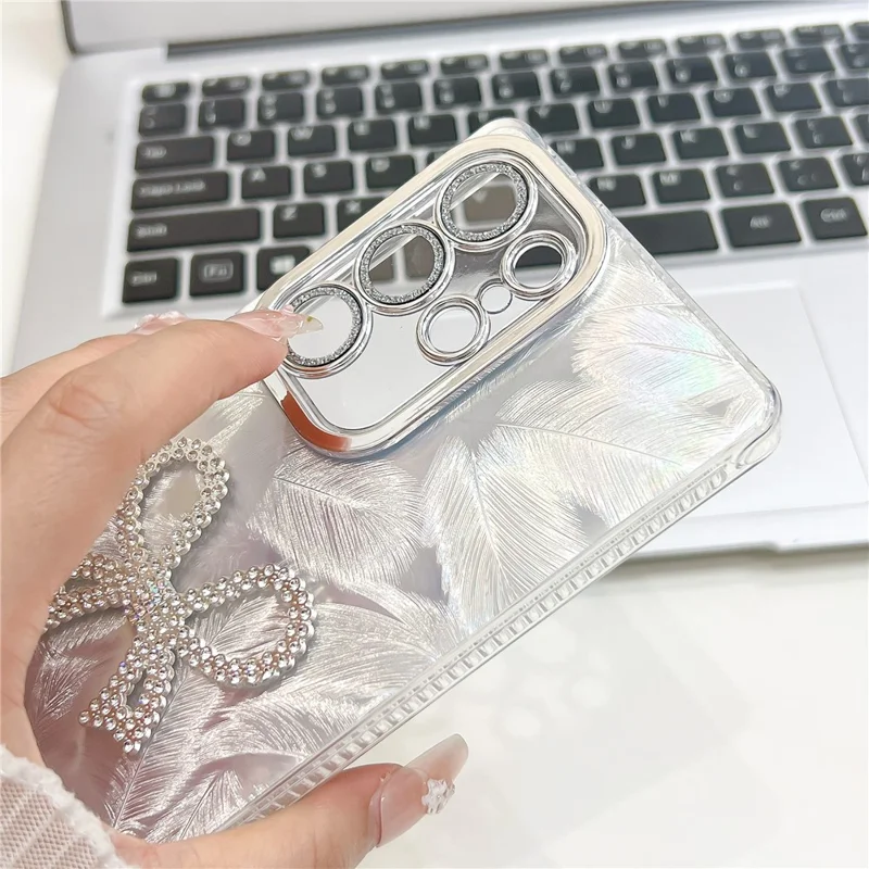 For Samsung Galaxy S25 Ultra Case Big Bow Decor IMD PC + TPU Phone Cover with Glass Lens Film - Feather Pattern / Silver