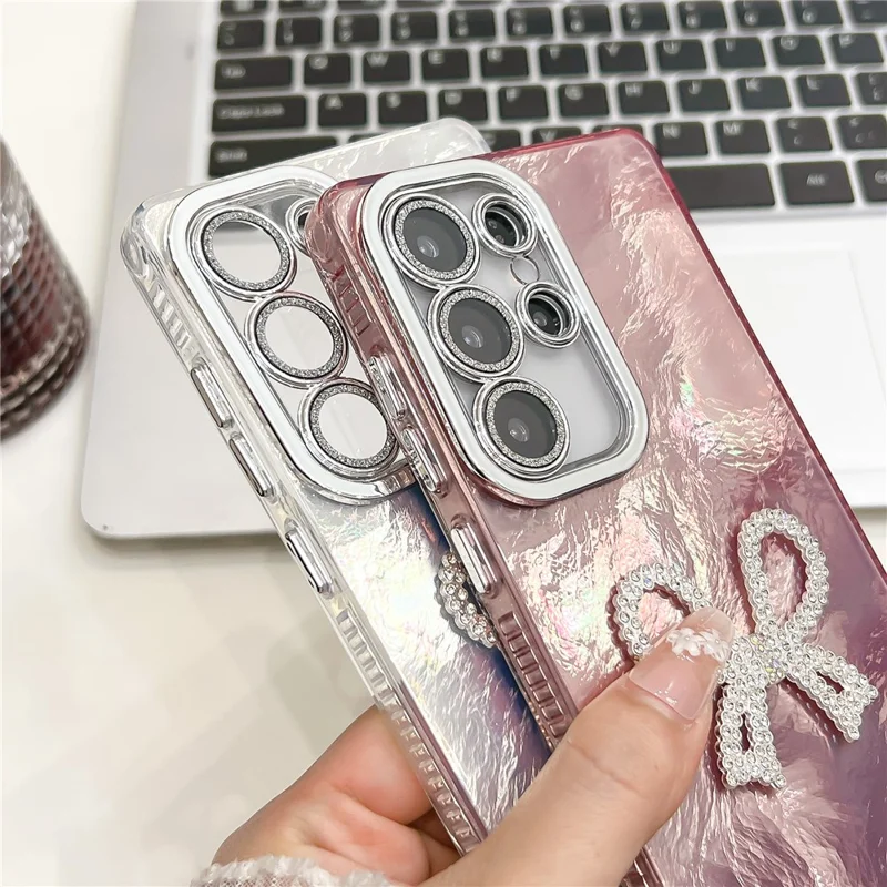 For Samsung Galaxy S25 Ultra Case Big Bow Decor IMD PC + TPU Phone Cover with Glass Lens Film - Feather Pattern / Silver