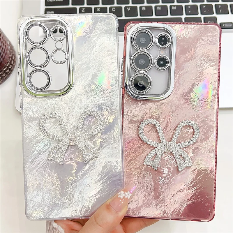 For Samsung Galaxy S25 Ultra Case Big Bow Decor IMD PC + TPU Phone Cover with Glass Lens Film - Feather Pattern / Silver