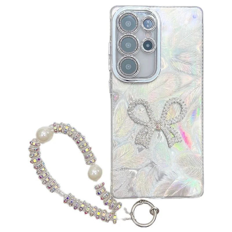 For Samsung Galaxy S25 Ultra Case with Strap Big Bow Decor IMD PC + TPU Phone Cover with Glass Lens Film - Feather Pattern / Silver