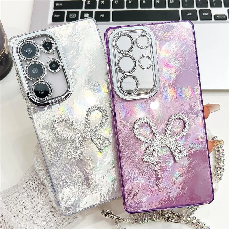For Samsung Galaxy S25 Ultra Case with Strap Big Bow Decor IMD PC + TPU Phone Cover with Glass Lens Film - Feather Pattern / Silver