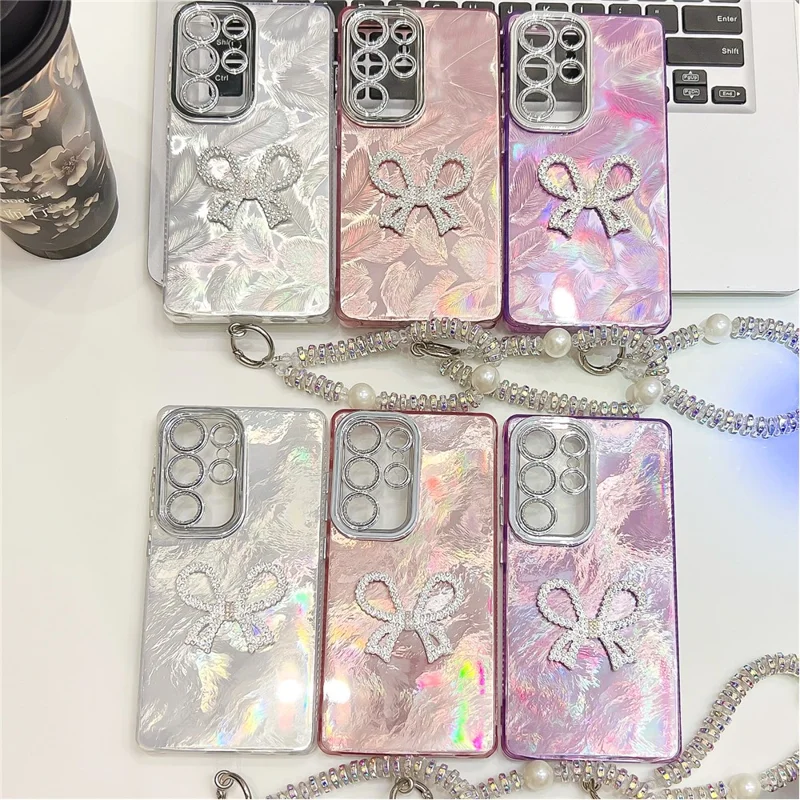 For Samsung Galaxy S25 Ultra Case with Strap Big Bow Decor IMD PC + TPU Phone Cover with Glass Lens Film - Feather Pattern / Silver