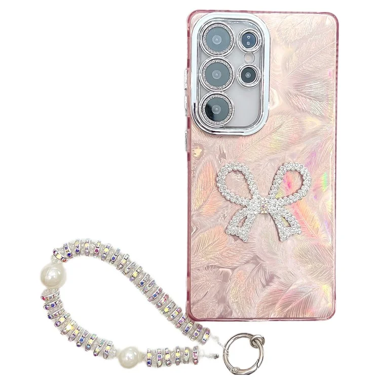 Funda para Samsung Galaxy S25 Ultra con Correa, Lazo Grande Decorativo, Carcasa de PC + TPU con Película de Lente de Cristal - Patrón de Pluma / Oro Rosa