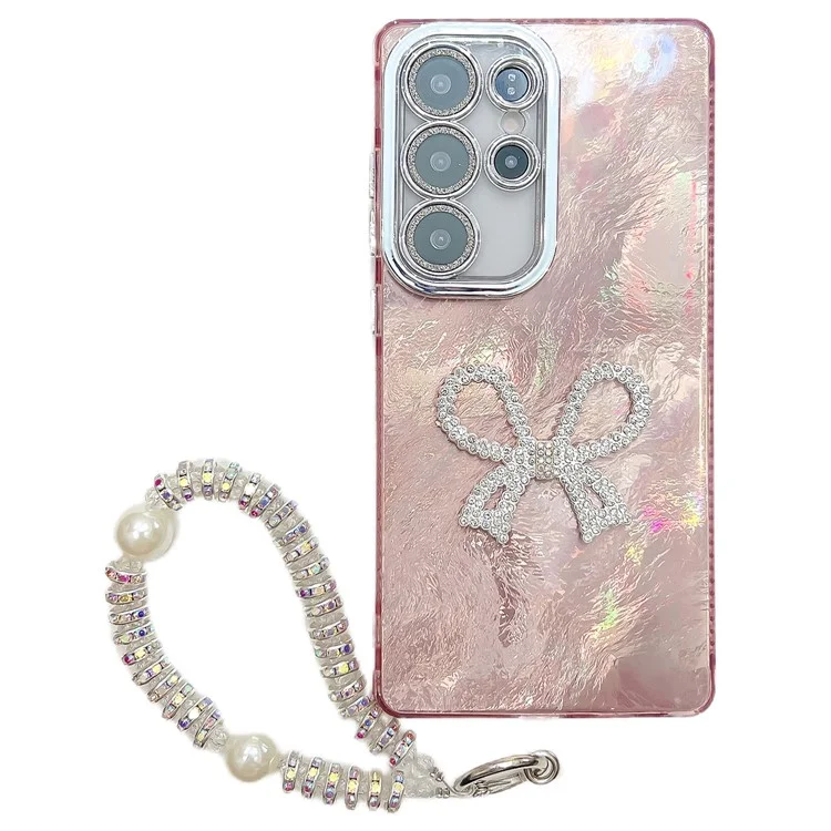 Cover per Samsung Galaxy S25 Ultra con Cinturino, Fiocco Decorativo, Cover per Telefono IMD PC + TPU con Pellicola Protettiva per Lente - Motivo a Lamina / Oro Rosa