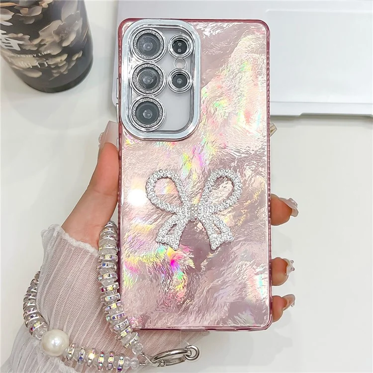 Cover per Samsung Galaxy S25 Ultra con Cinturino, Fiocco Decorativo, Cover per Telefono IMD PC + TPU con Pellicola Protettiva per Lente - Motivo a Lamina / Oro Rosa