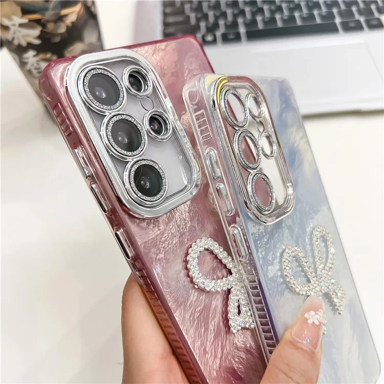Cover per Samsung Galaxy S25 Ultra con Cinturino, Fiocco Decorativo, Cover per Telefono IMD PC + TPU con Pellicola Protettiva per Lente - Motivo a Lamina / Oro Rosa