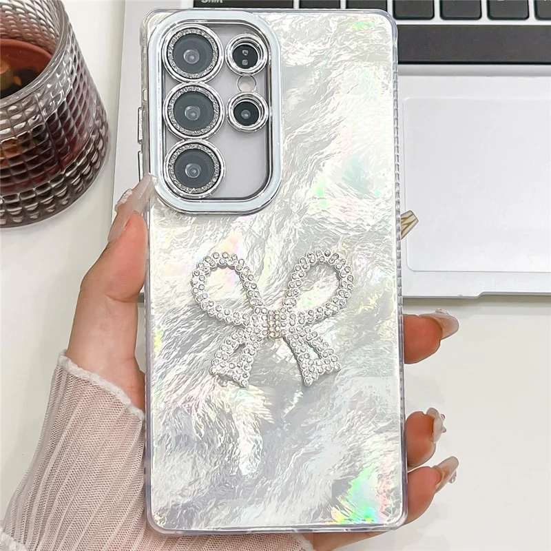 For Samsung Galaxy S24 Ultra Case Big Bow Decor IMD PC + TPU Phone Cover with Glass Lens Film - Foil Pattern / Silver