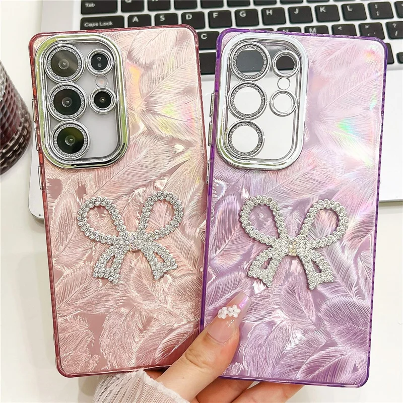 For Samsung Galaxy S24 Ultra Case Big Bow Decor IMD PC + TPU Phone Cover with Glass Lens Film - Foil Pattern / Silver