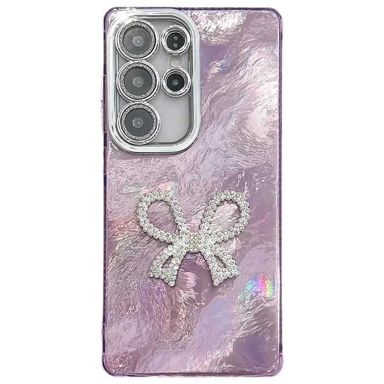 Capa para Samsung Galaxy S23 Ultra com Laço Grande Decorativo, Capa de Celular em PC + TPU com Filme de Lente de Vidro - Padrão Metalizado / Roxo