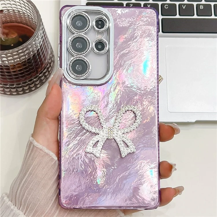Capa para Samsung Galaxy S23 Ultra com Laço Grande Decorativo, Capa de Celular em PC + TPU com Filme de Lente de Vidro - Padrão Metalizado / Roxo