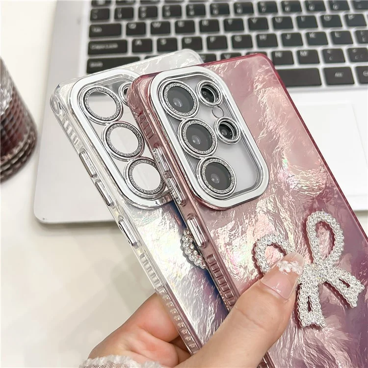 Capa para Samsung Galaxy S23 Ultra com Laço Grande Decorativo, Capa de Celular em PC + TPU com Filme de Lente de Vidro - Padrão Metalizado / Roxo