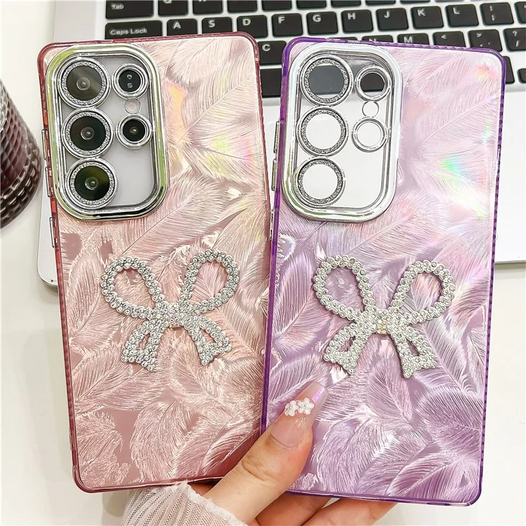 Capa para Samsung Galaxy S23 Ultra com Laço Grande Decorativo, Capa de Celular em PC + TPU com Filme de Lente de Vidro - Padrão Metalizado / Roxo